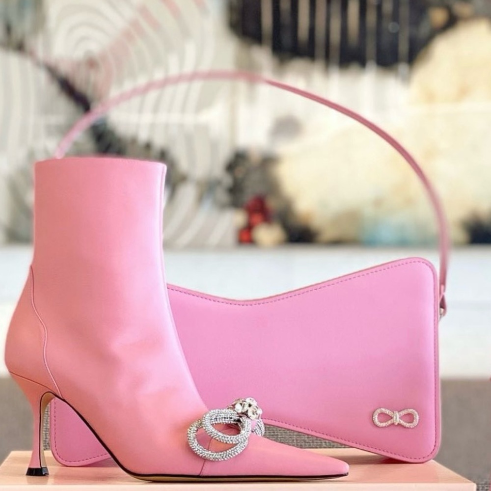 MACH & MACH Pink Leather Double Bow Embellished Boot 85 mm size 38 1/2 EU/8.5
